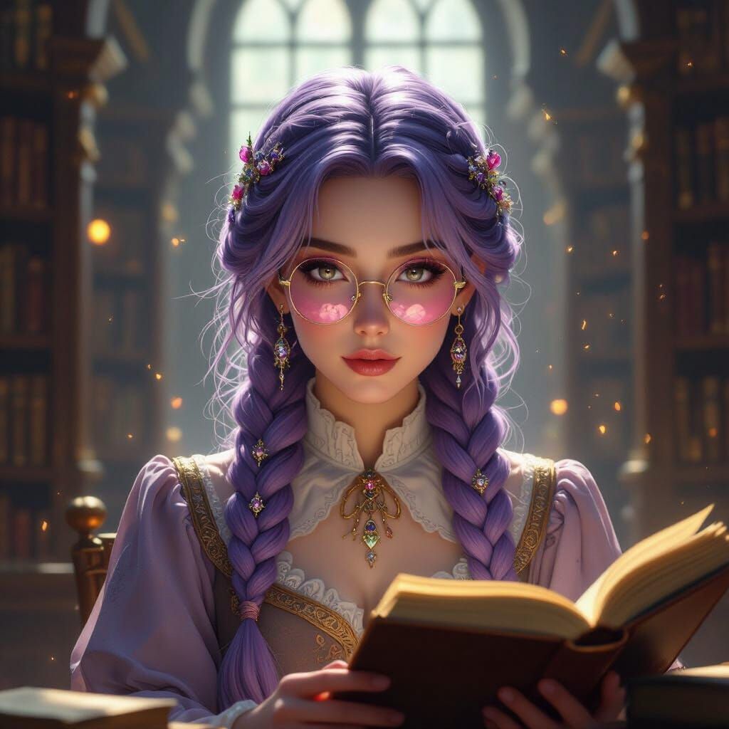 Lavender-Haired Librarian in a Magical Library