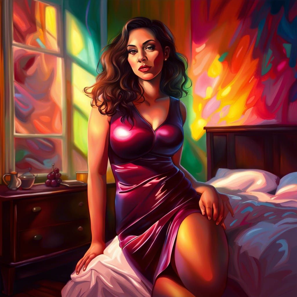 Voluptuous Woman in Satin Dress: Hyperrealistic Art