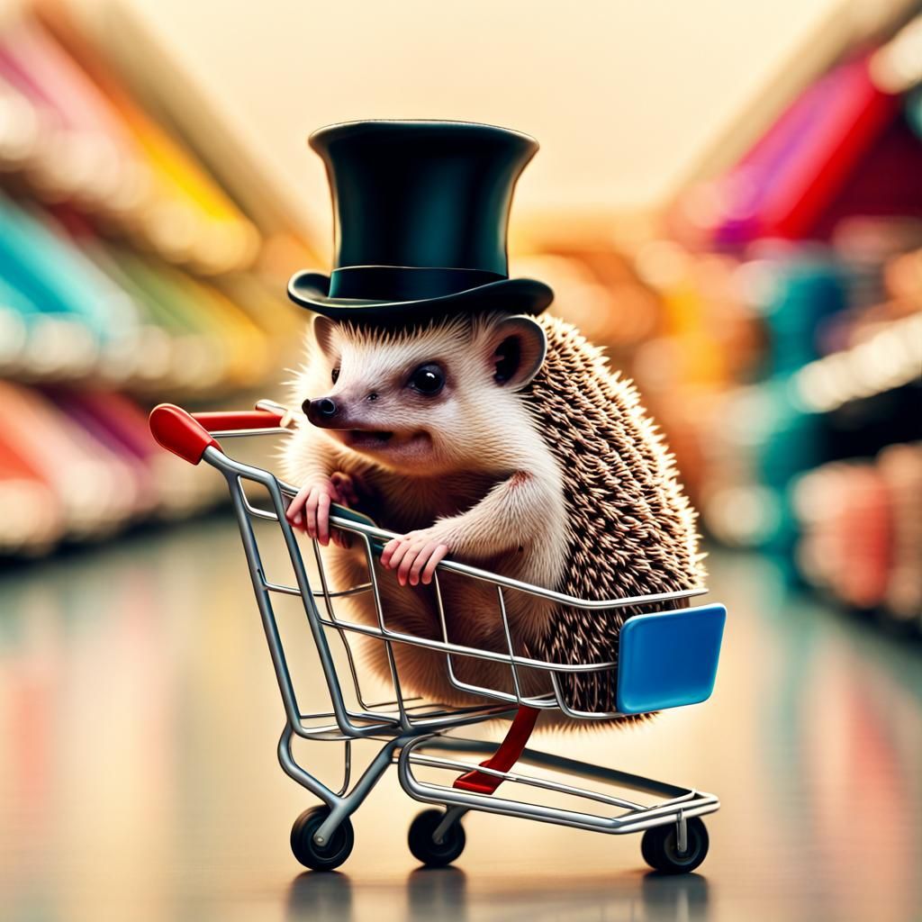 Hedgehog in Top Hat and Shopping Cart