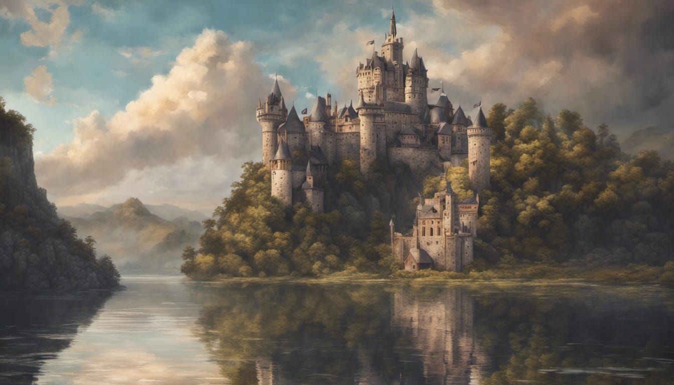Ornate Medieval Castle on Lake in Fantasy Art Style