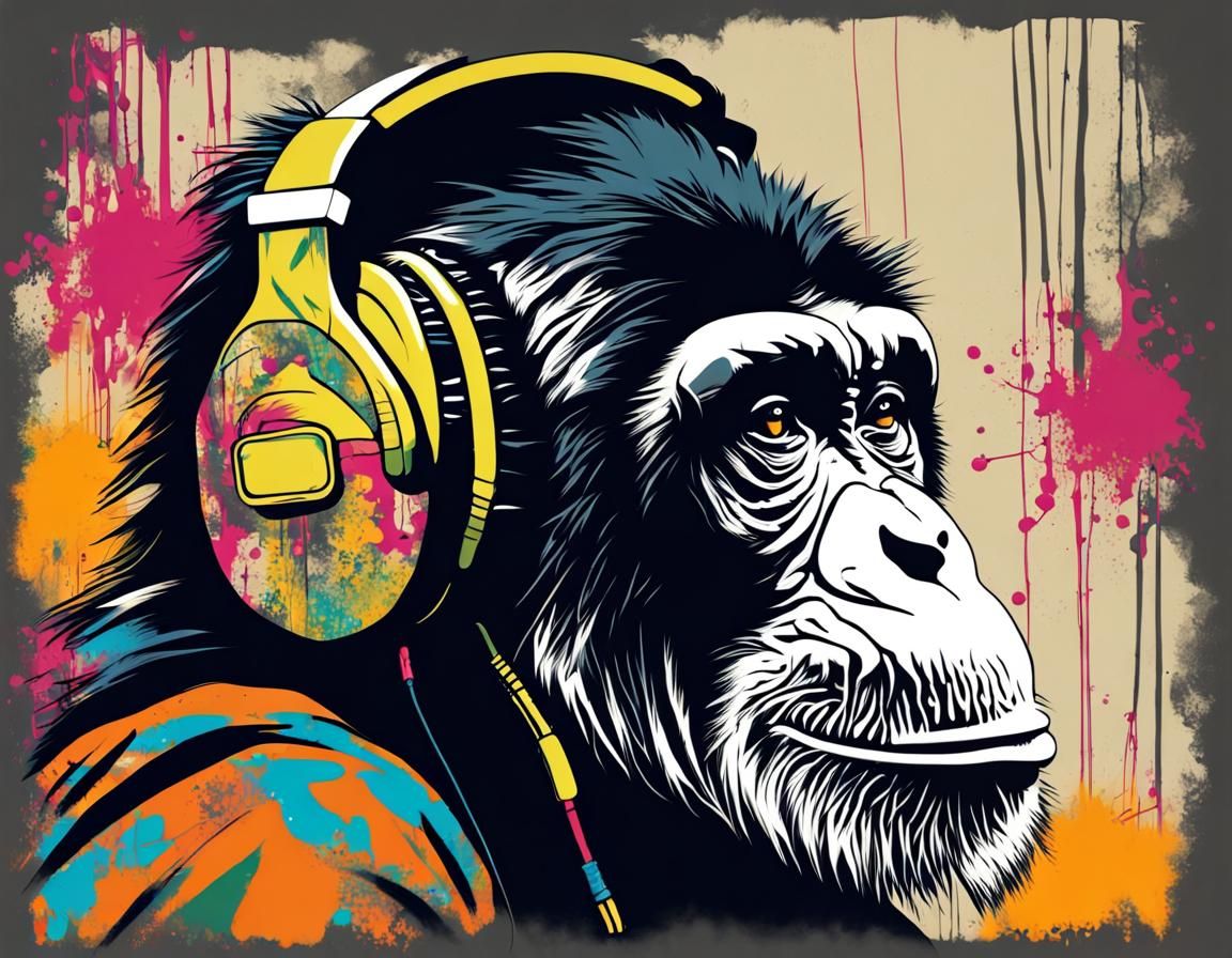 Chimpanzee with Headphones in Graffiti Stencil Art