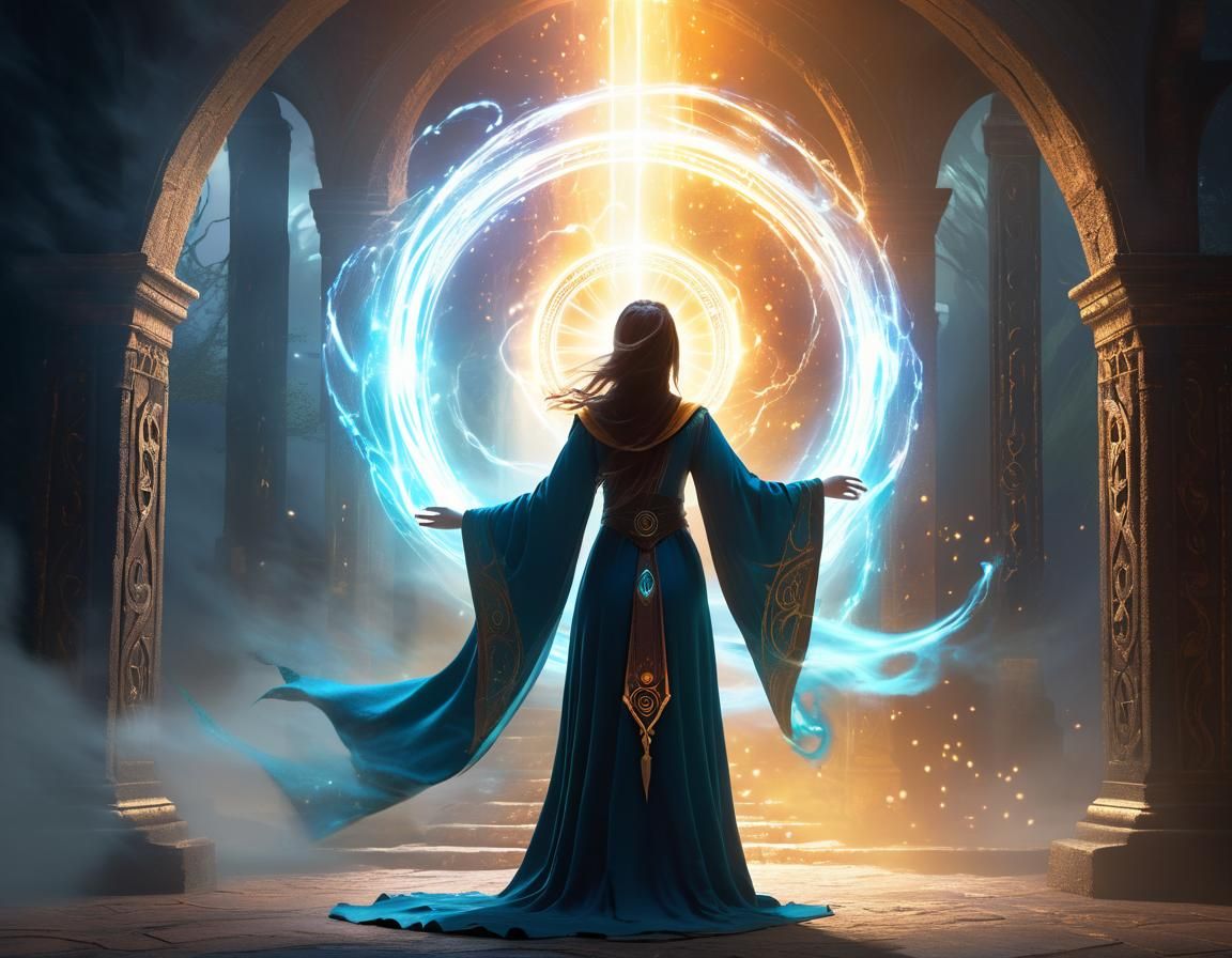 Sorceress Conjuring a Magic Portal in Acrylic Style