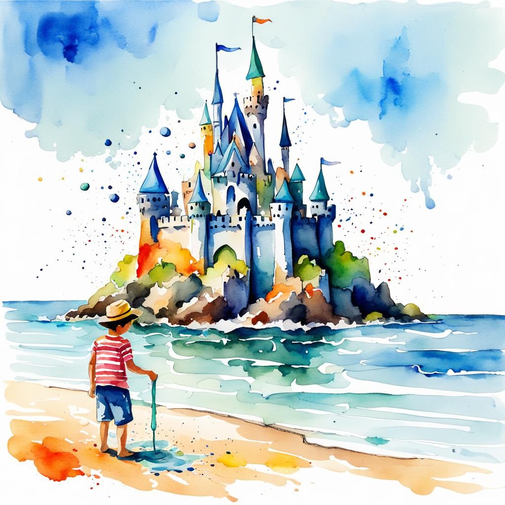 Vibrant Watercolor Sandcastle on the Beach