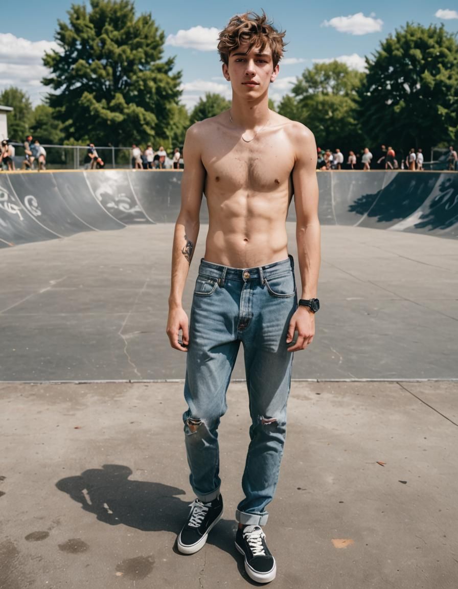 Shirtless Skater at the Skate Park on Sunny Day