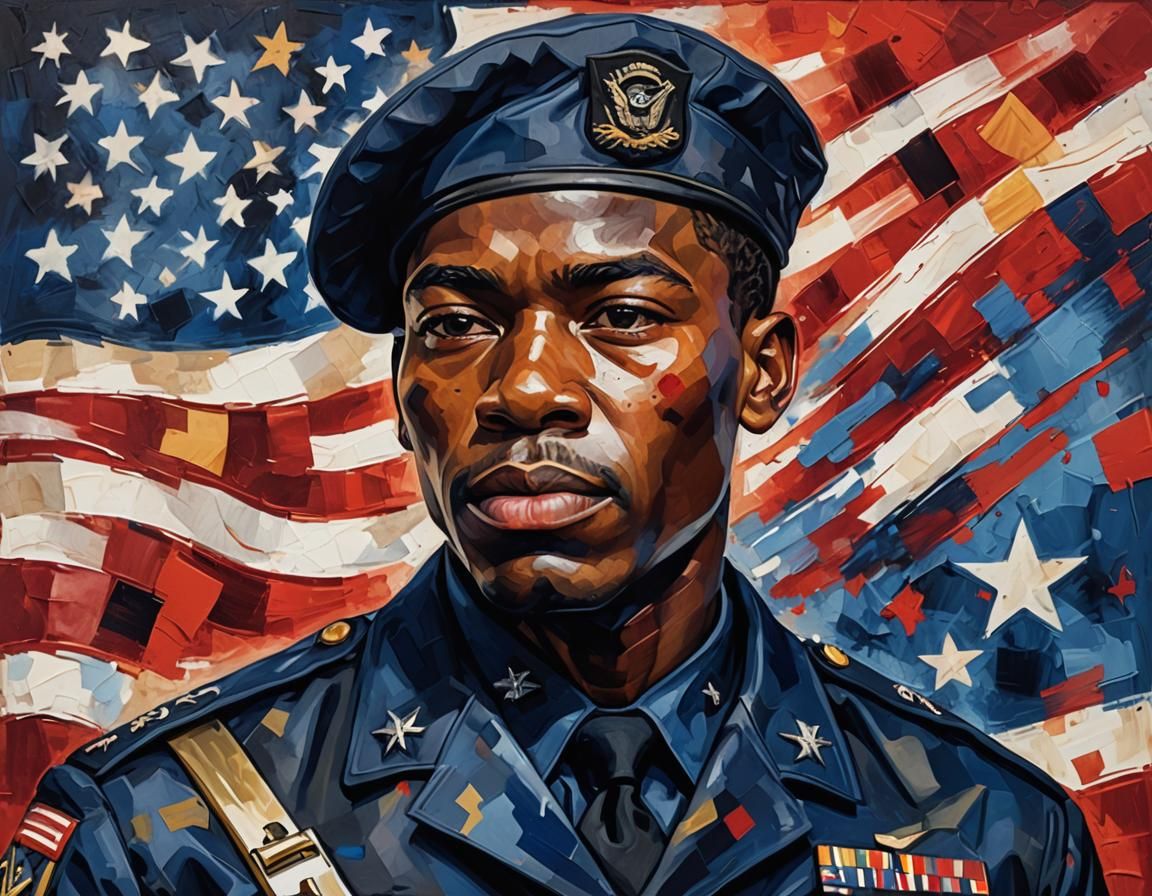 Patriotic Portrait of African American Soldier with Abstract...