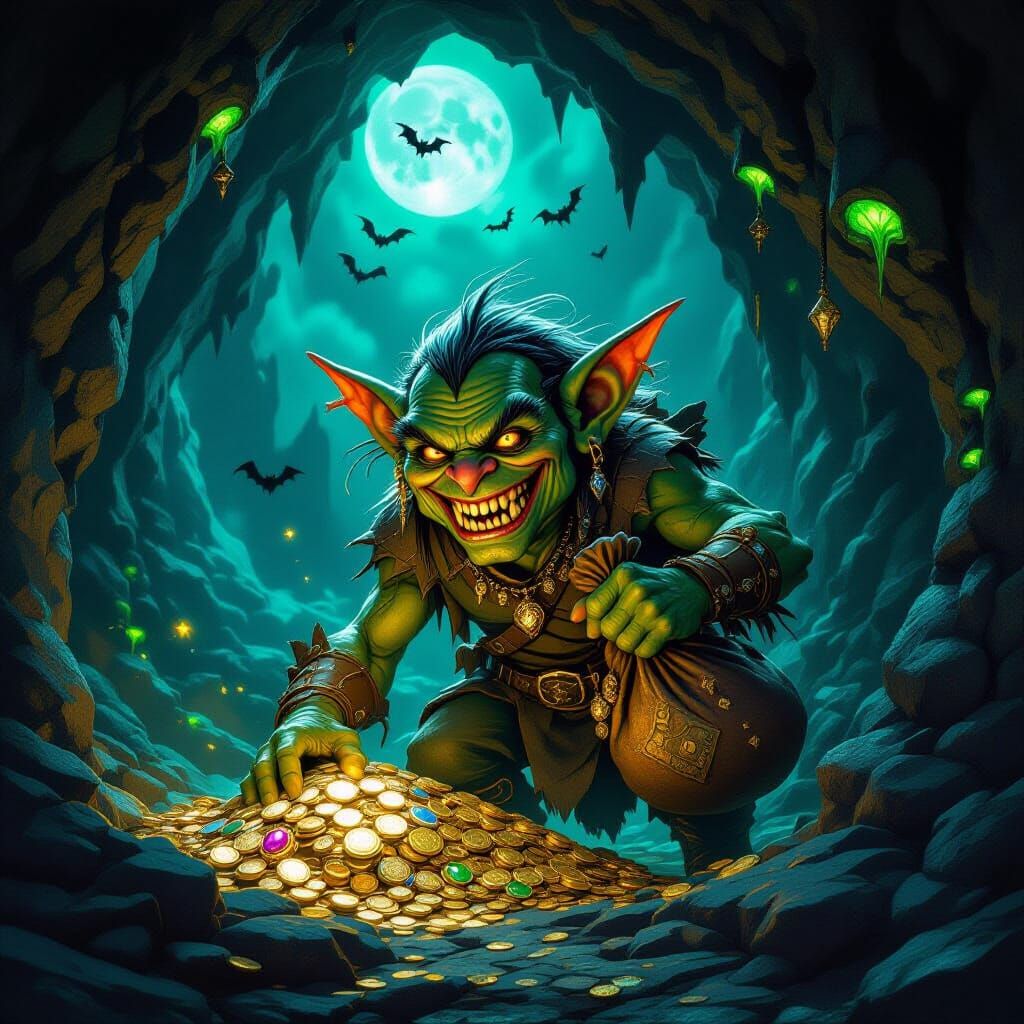 Goblin Stealing Treasure in Moonlit Cavern