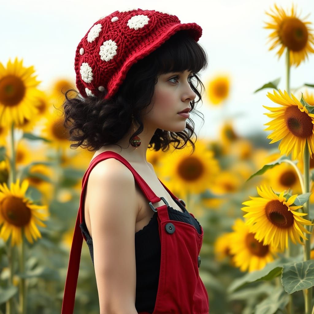 Whimsical Woman Among Sunflowers: Folk Art Style