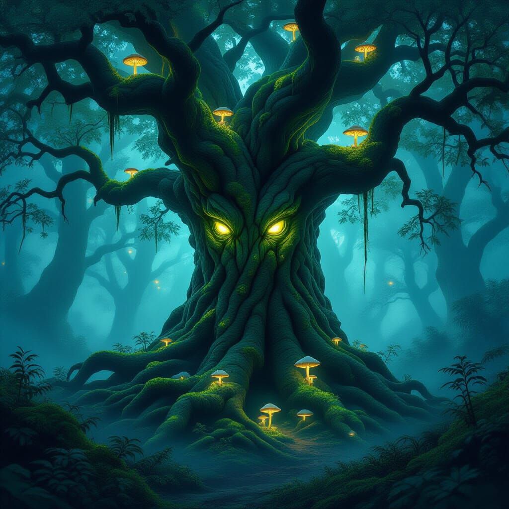 Ancient Tree Spirit in Misty Forest with Glowing Fungi