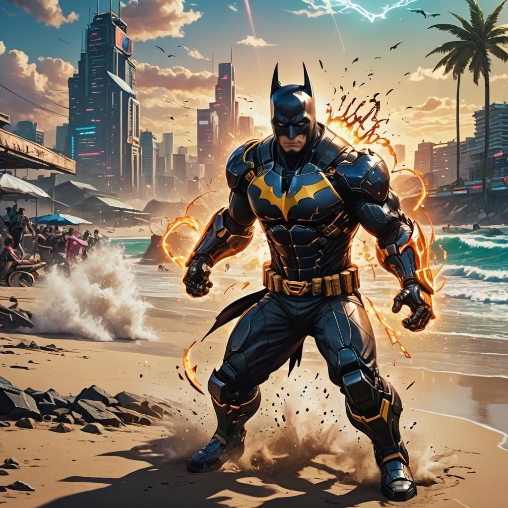 Eddie Tekken and Batman Beach Fight in Cyberpunk Style