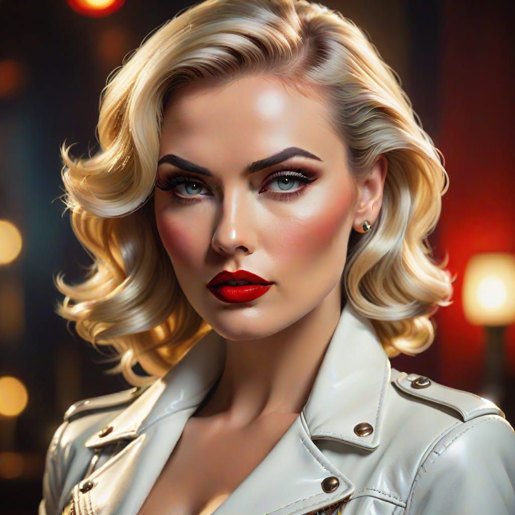 Glamorous White Leather Siren in Oil Painting