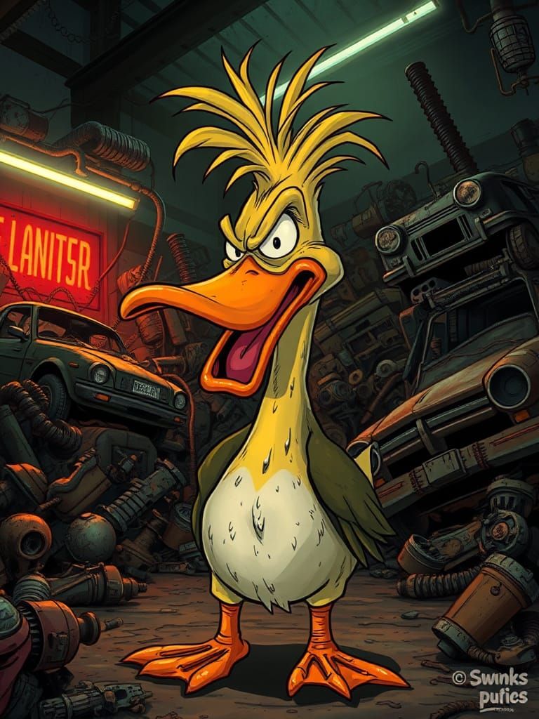 Irate Junkyard Duck in Ren and Stimpy Style