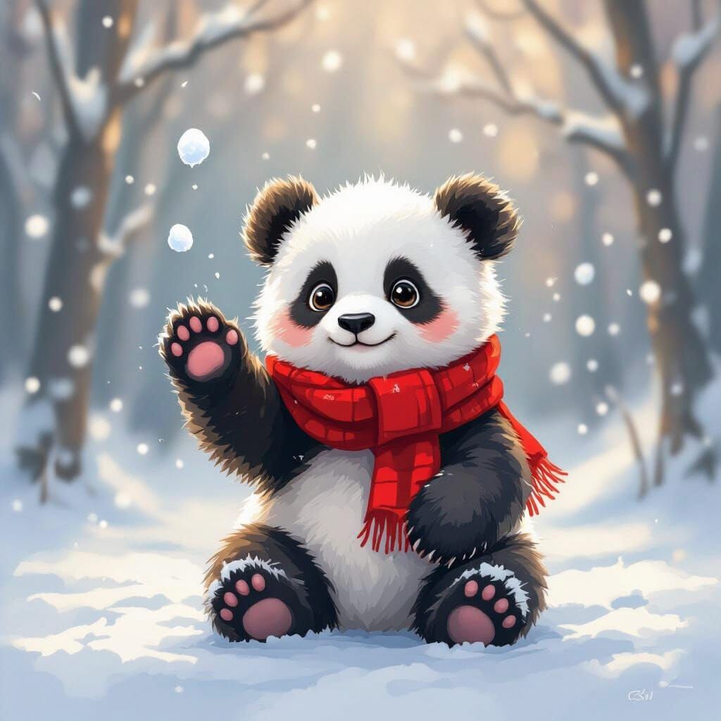 Panda Cub Catches Snowflake in Watercolor Style