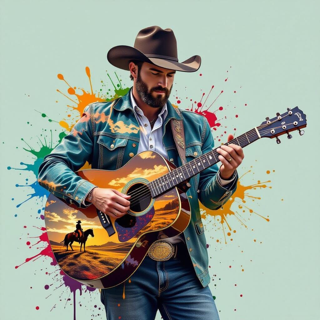 Double Exposure Guitarist with Cowboy Landscape