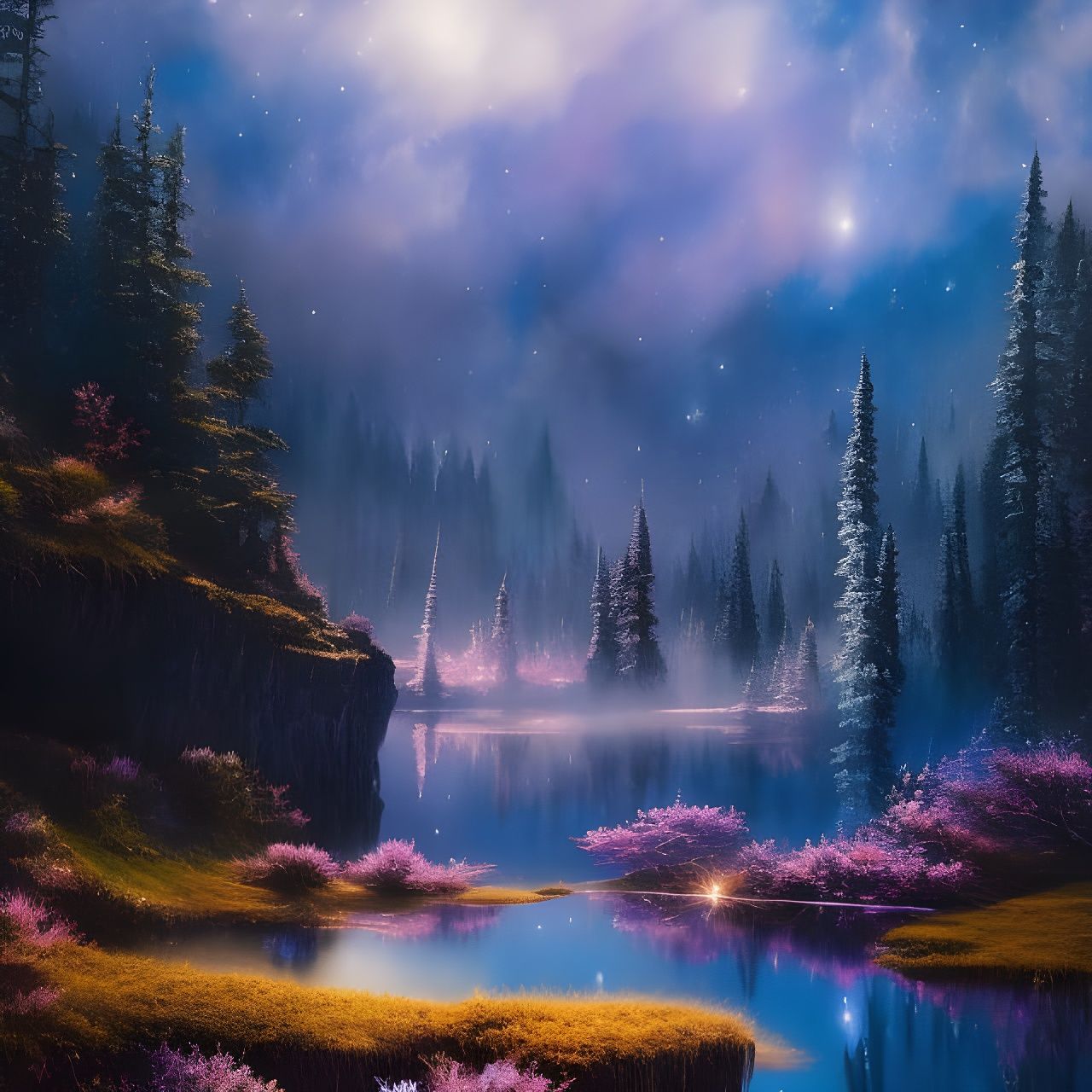 Constellations Reflected on Fairy Lake Watercolor