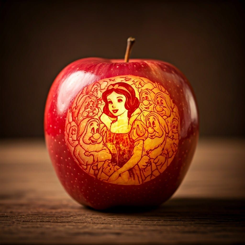A red apple deep carved with a scene of Snow White and the 7 dwarves