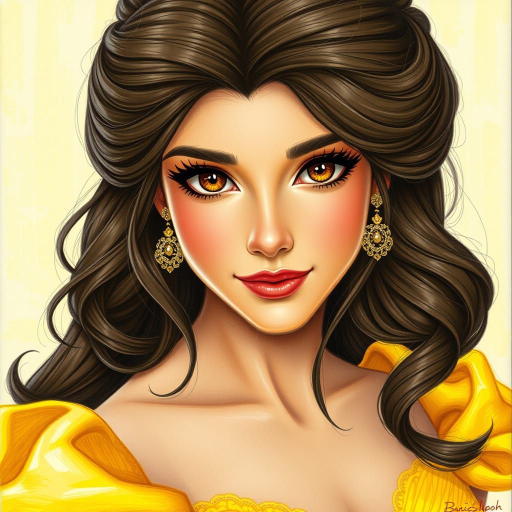 Enchanting Belle Portrait in Golden Ballgown and Big Hair