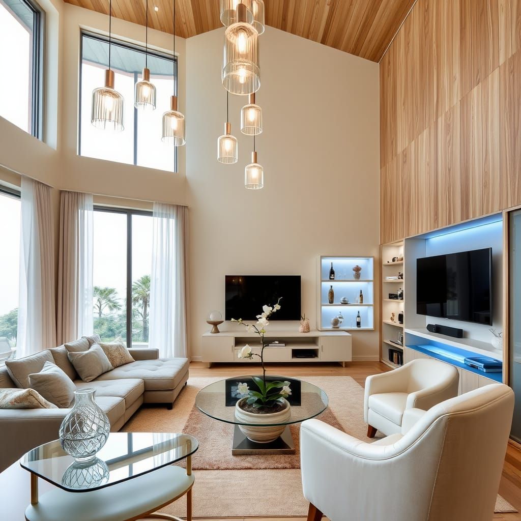 Soothing Modern Living Room with High Ceiling and Natural El...