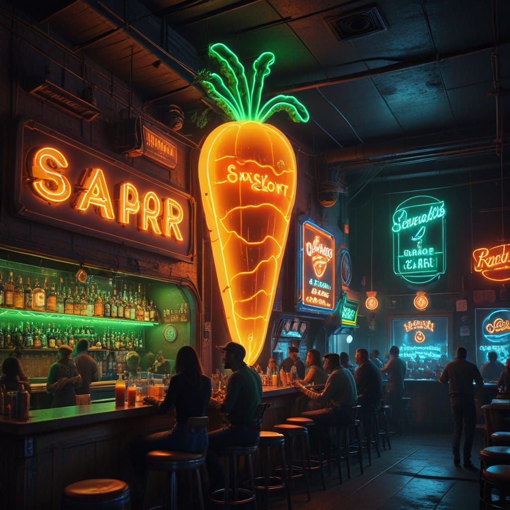Futuristic Neon Saloon with Glowing Carrot Bar