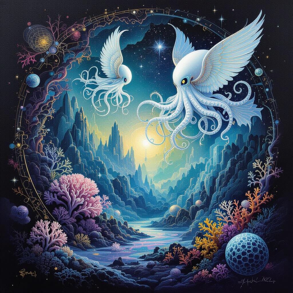 Dark Fantasy Oil Painting: Bio-Mechanical Octopuses in Space