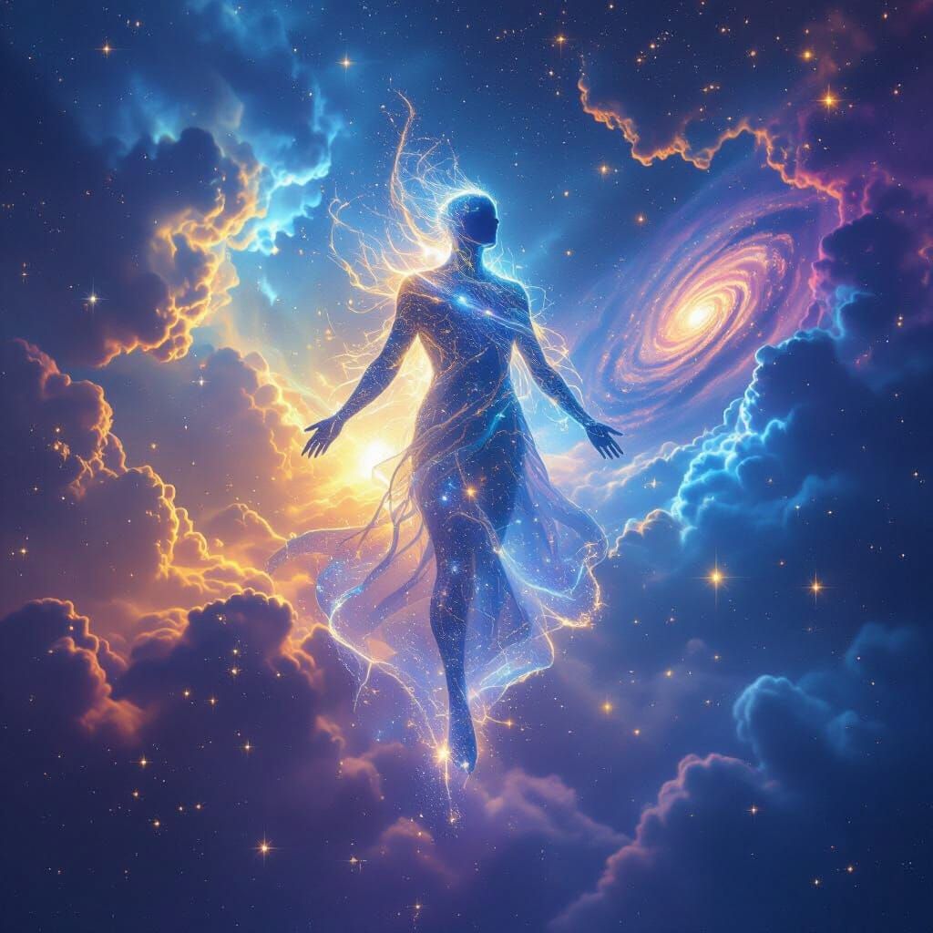 Ethereal Stardust Figure in a Cosmic Universe