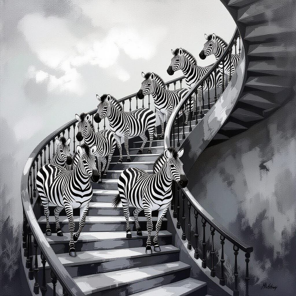 Zebras Ascend: A Black and White Monochromatic Painting