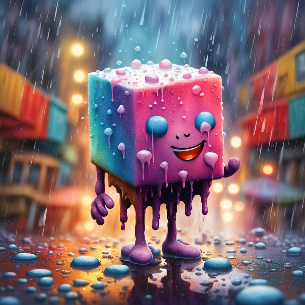Sugar Cube Melts in Rainy City: Hyper-Realistic Art