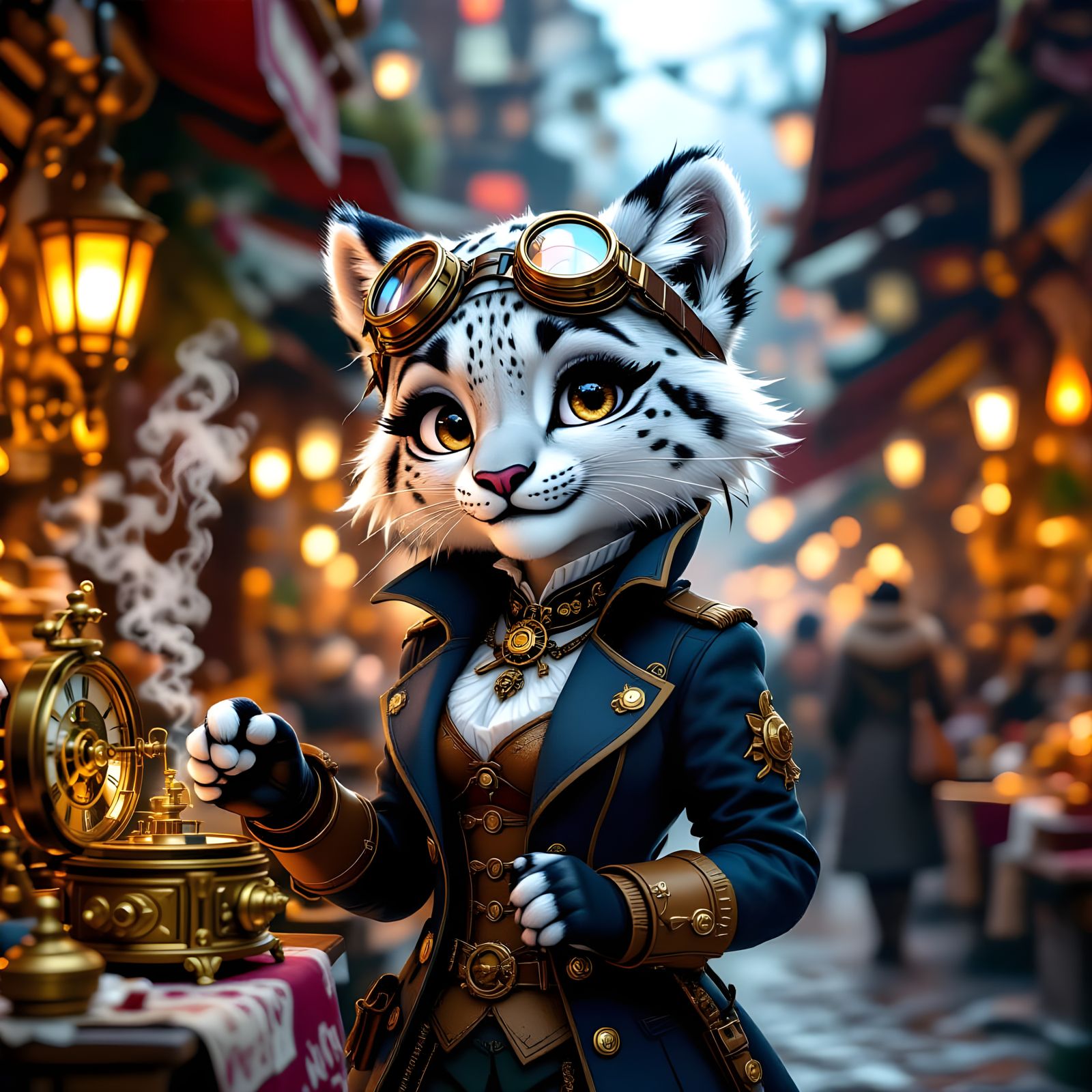 Steampunk Snow Leopard Woman in Anime Style
