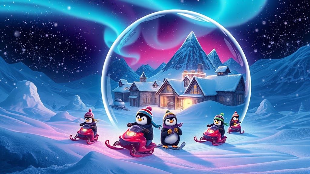 Chibi Penguins in Neon Igloo Village Under Aurora Lights