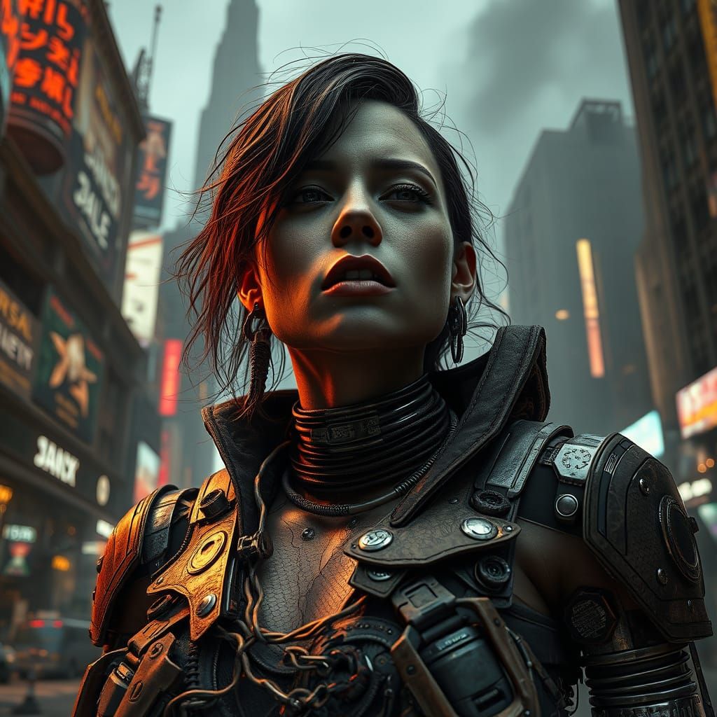 Cyberpunk Woman in Despair, Dystopian Cityscape