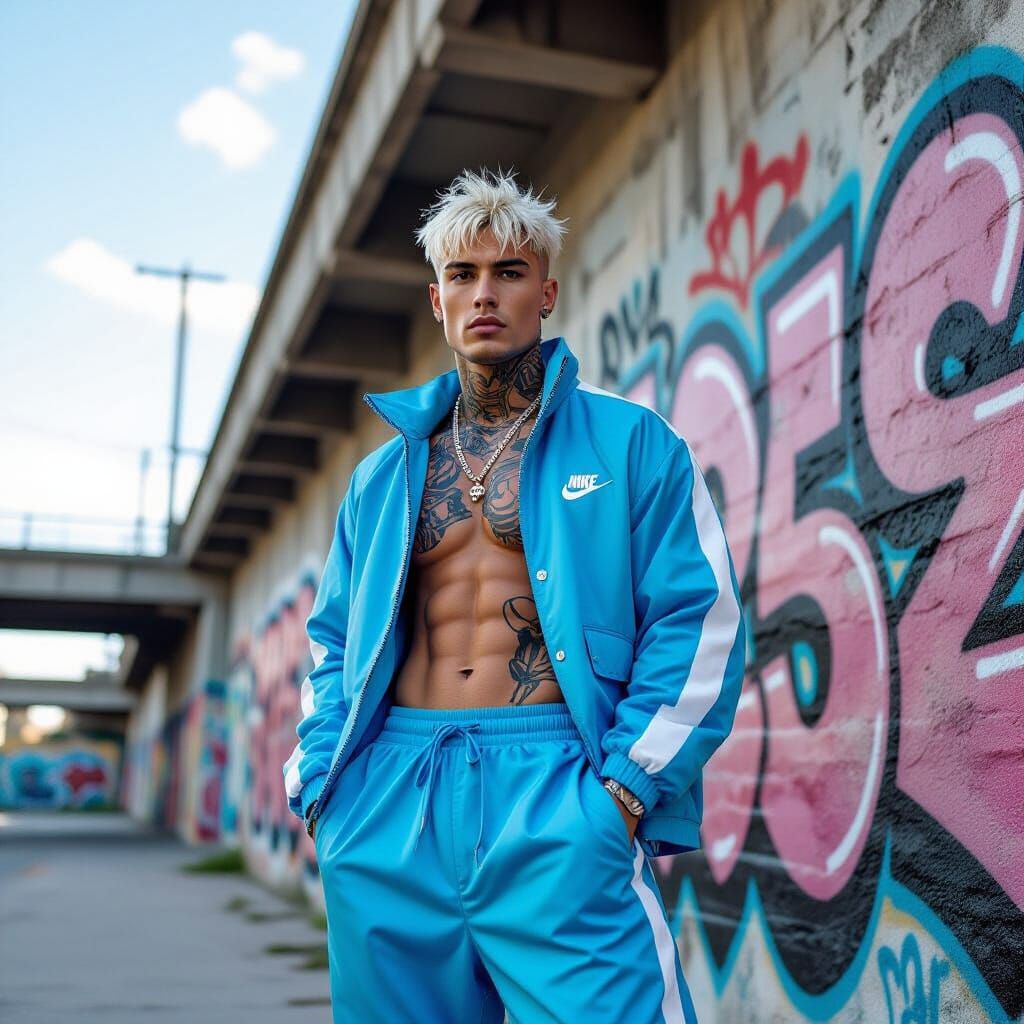 Platinum Blonde Man Poses in Gritty Urban Setting