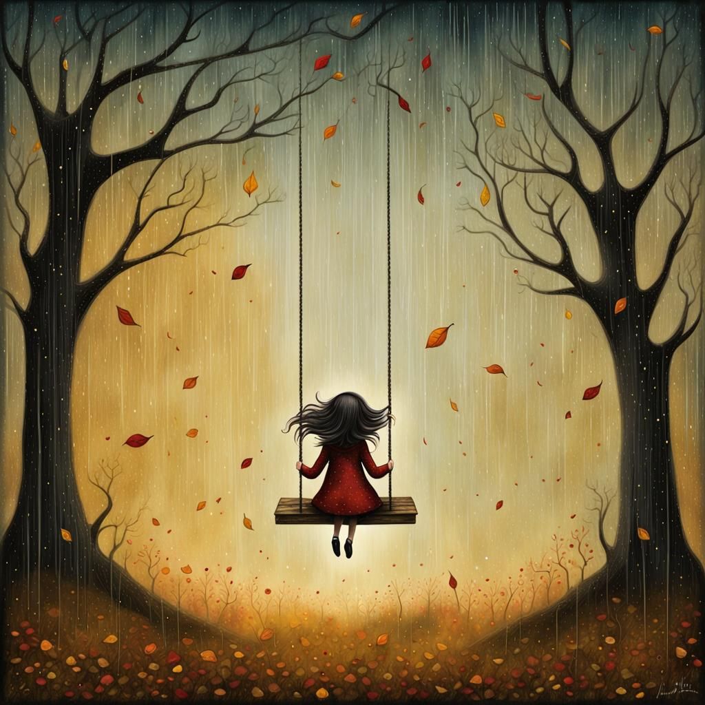 Girl on a Swing in Rain, Pop Surrealism Illustration