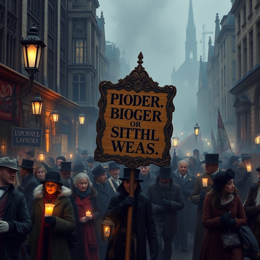 Victorian Protest Scene in London, Pre-Raphaelite Style