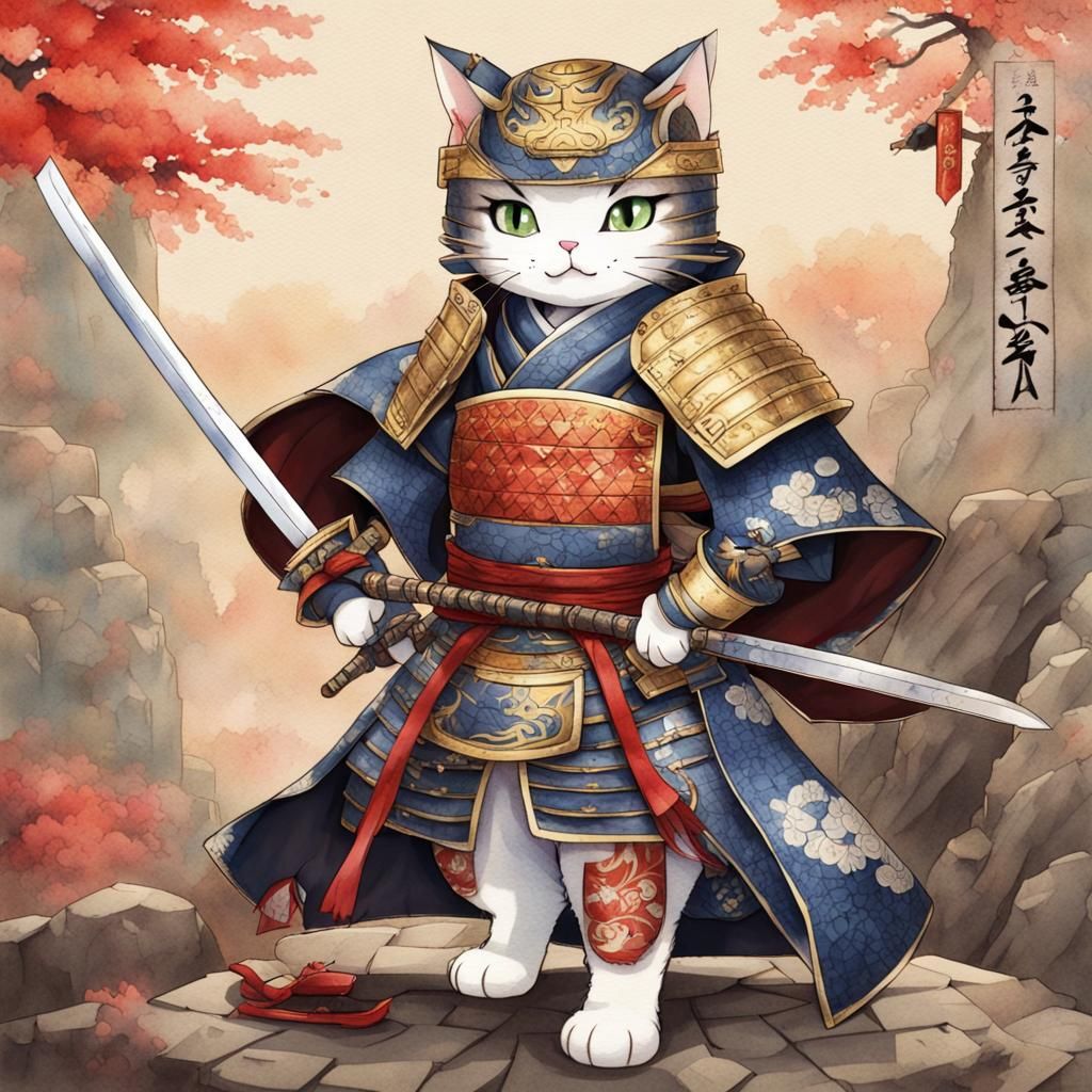 Samurai Kitty Cat Guarding Ancient Japan in Anime Style