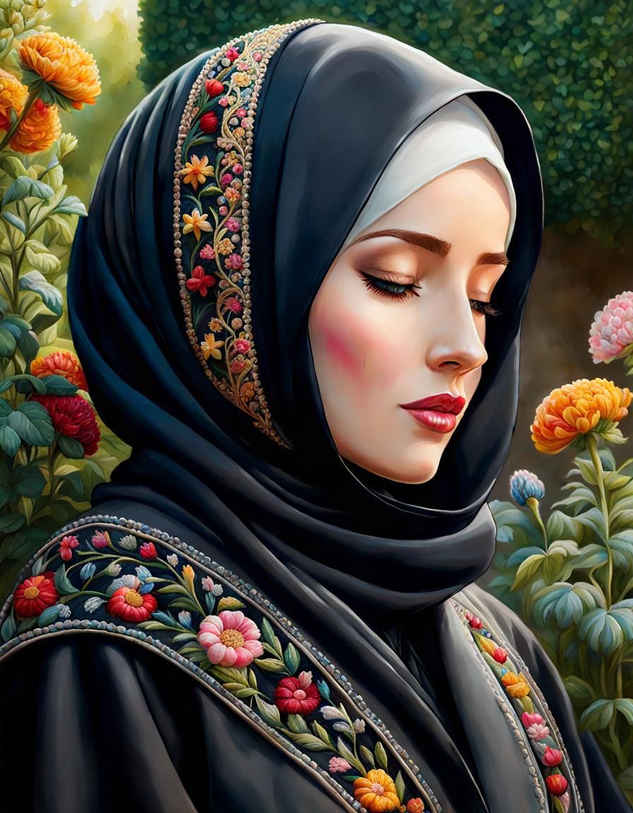 Modest Woman in Garden, Detailed Alcohol Paint