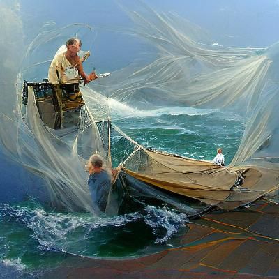 Fisherman Throwing Net: Oil Painting