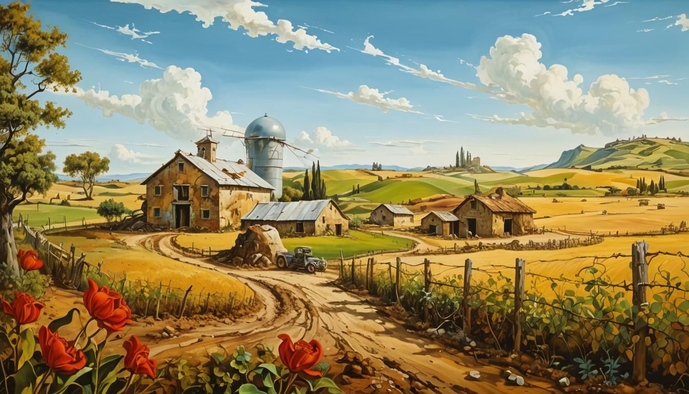 Surreal Rural Farm Landscape in Dali Style