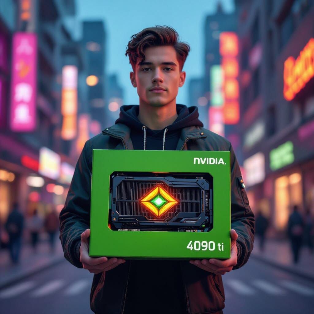 Man Advertises Nvidia 4090 Ti Graphics Card in City Dusk