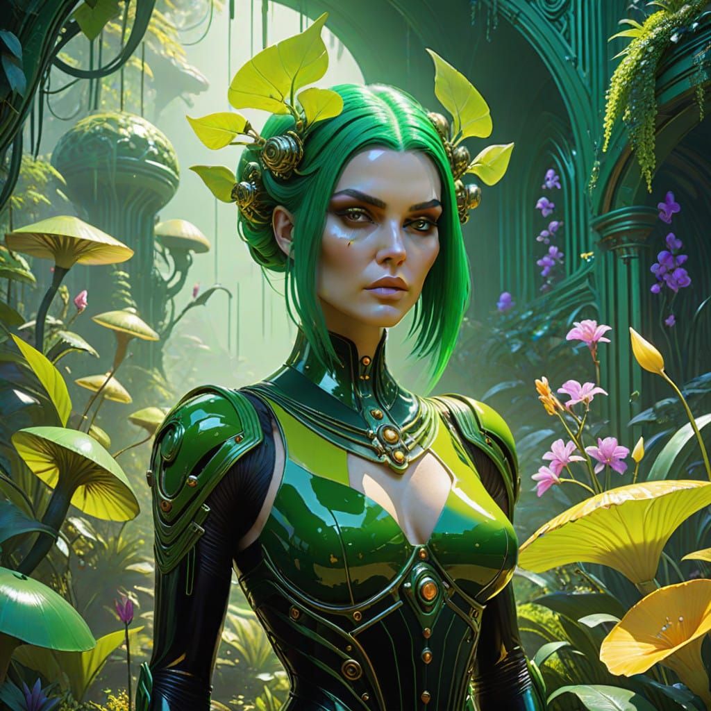 Ethereal Green Goddess in Lush, Dreamlike Landscape