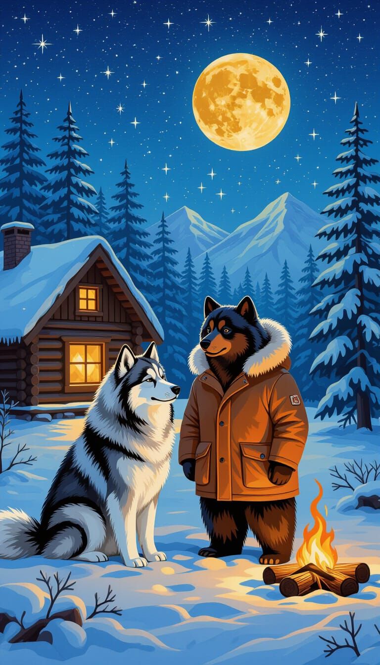 An alaskan malamute and a bear by a log cabin in the forest ...