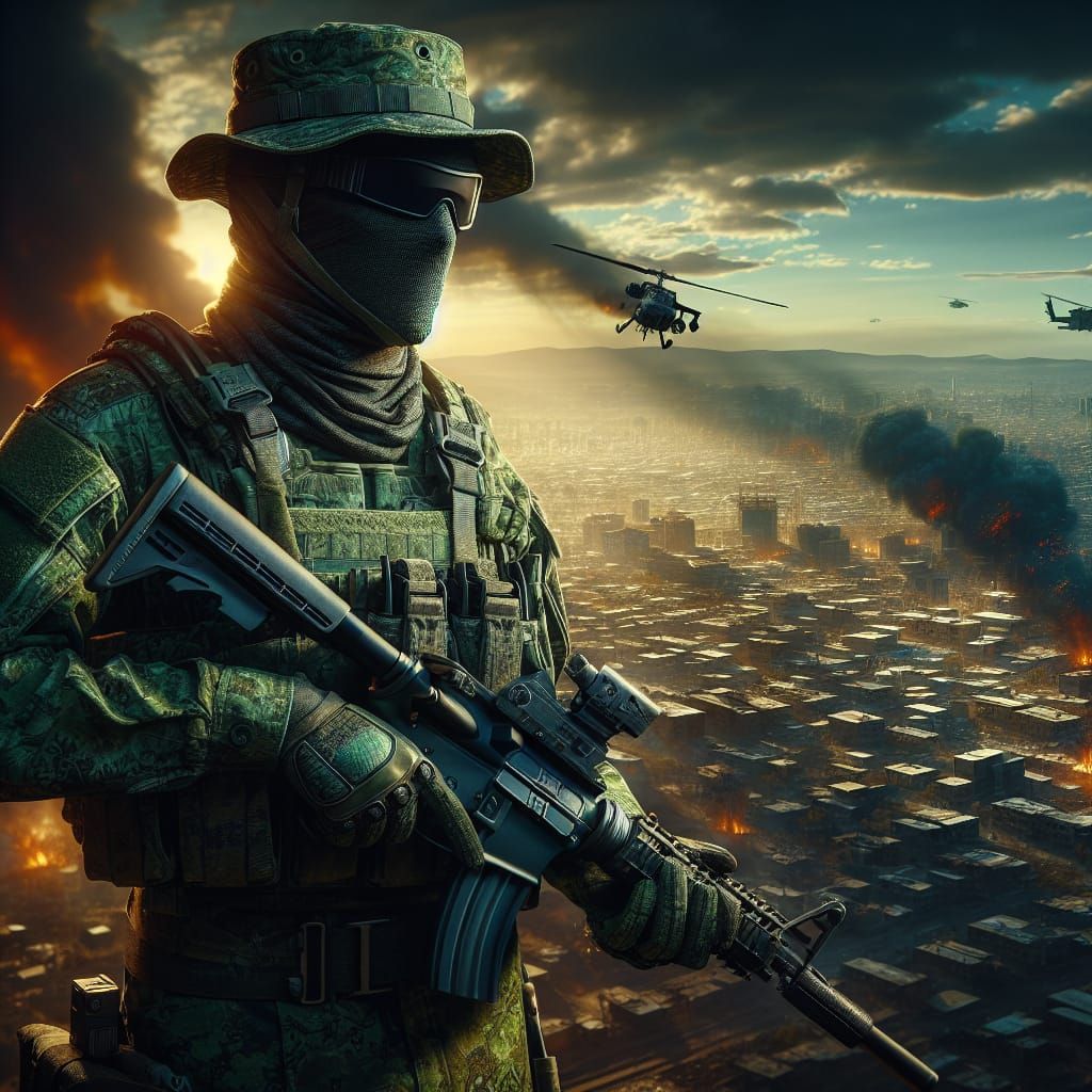 Hyperrealistic Soldier in Camouflage Attire Holding AR Gun