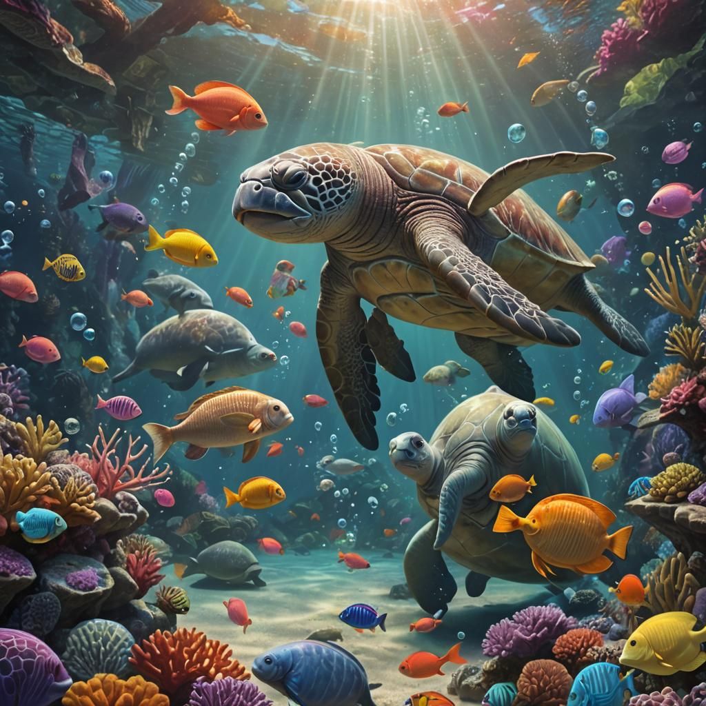 Playful Manatee Creates Bubbles in Coral Reef