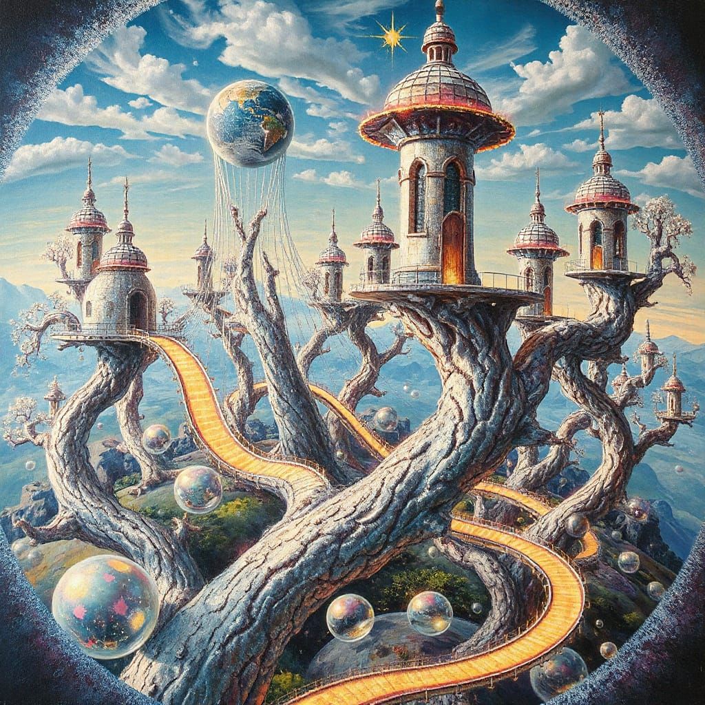 Dreamlike Lunar Treehouses in Vibrant, Surreal Colors