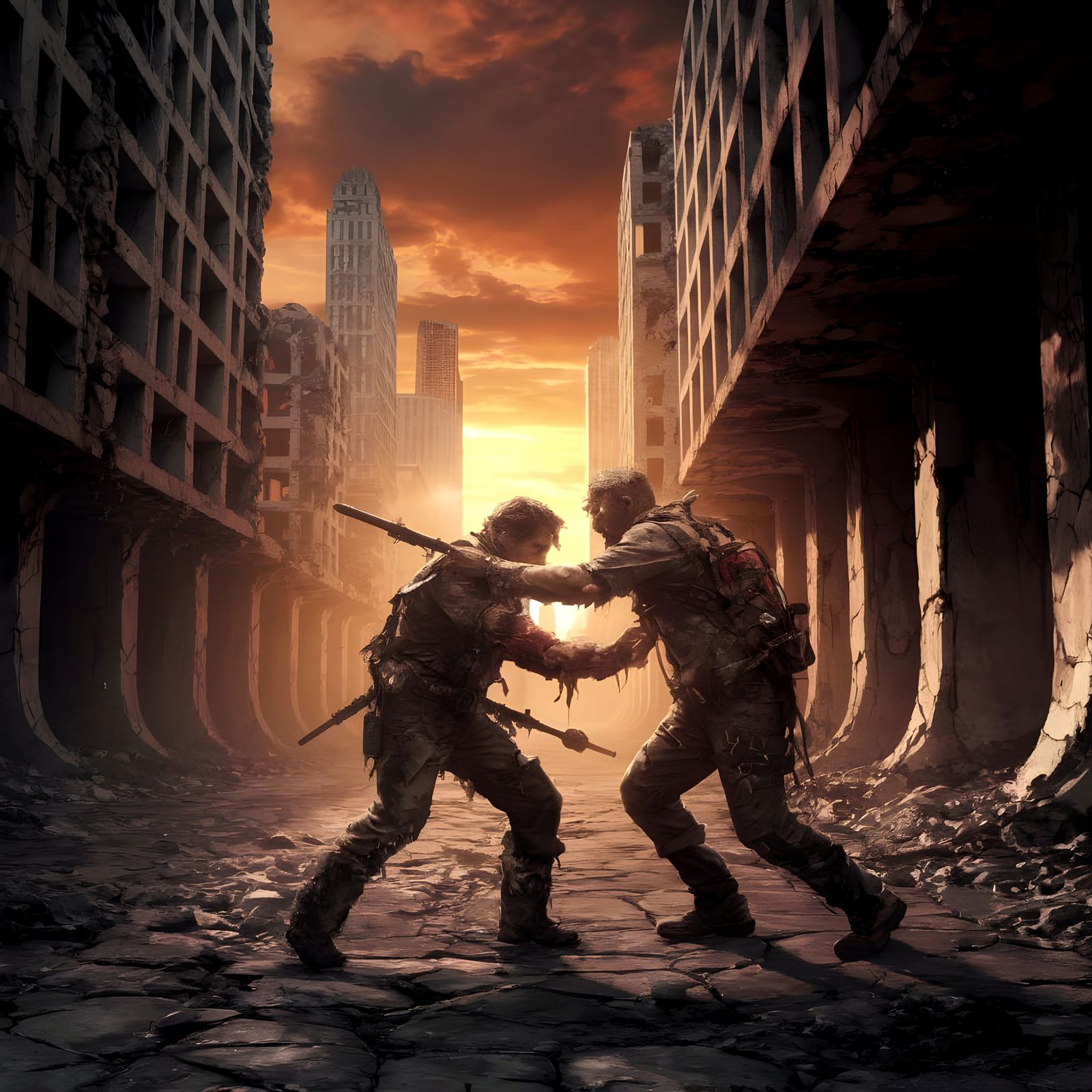 Survivors Clash in Ruined Cityscape as Sunset Descends