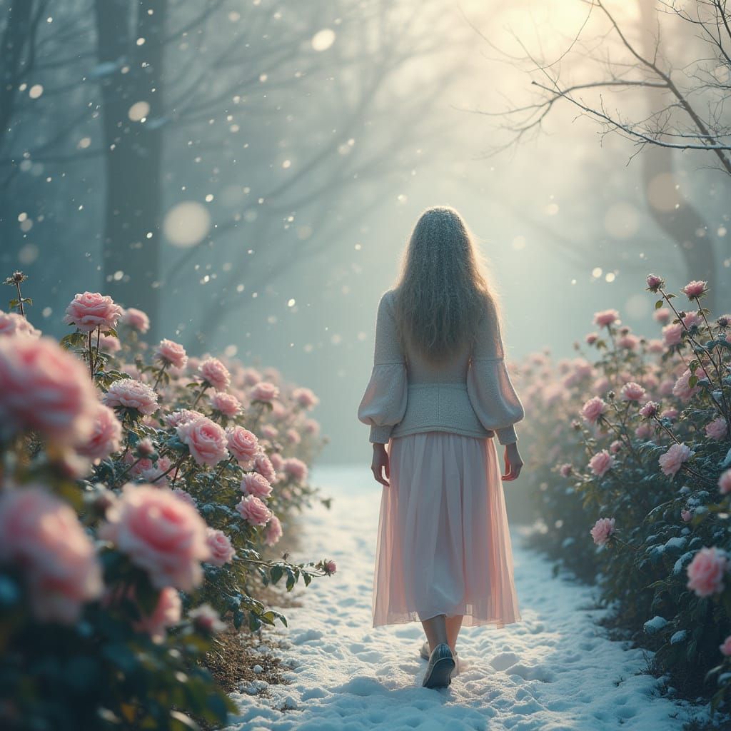 Winter Garden Scene with Woman and Pink Roses