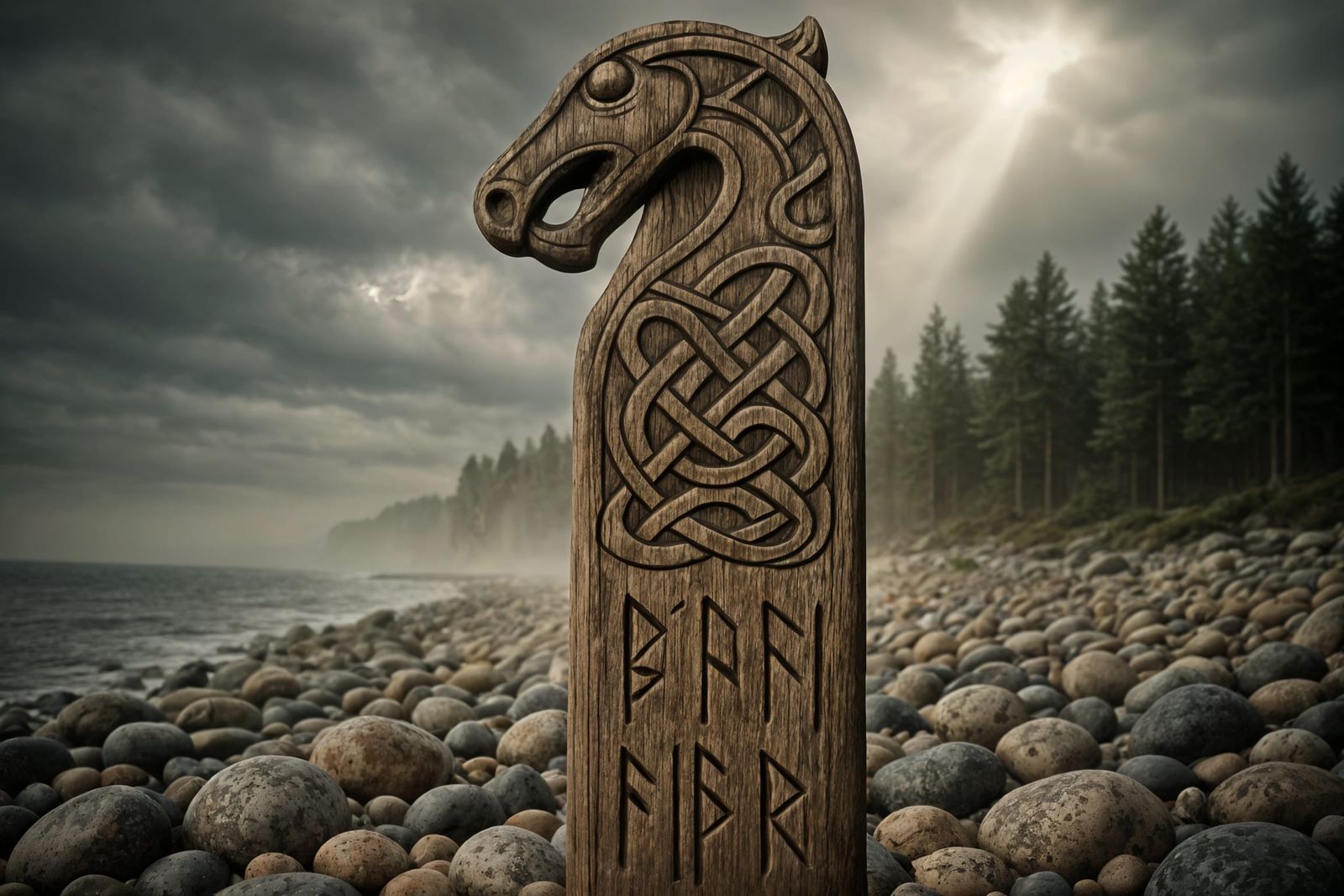 Nordic Carved Post on Granite Pebble Beach