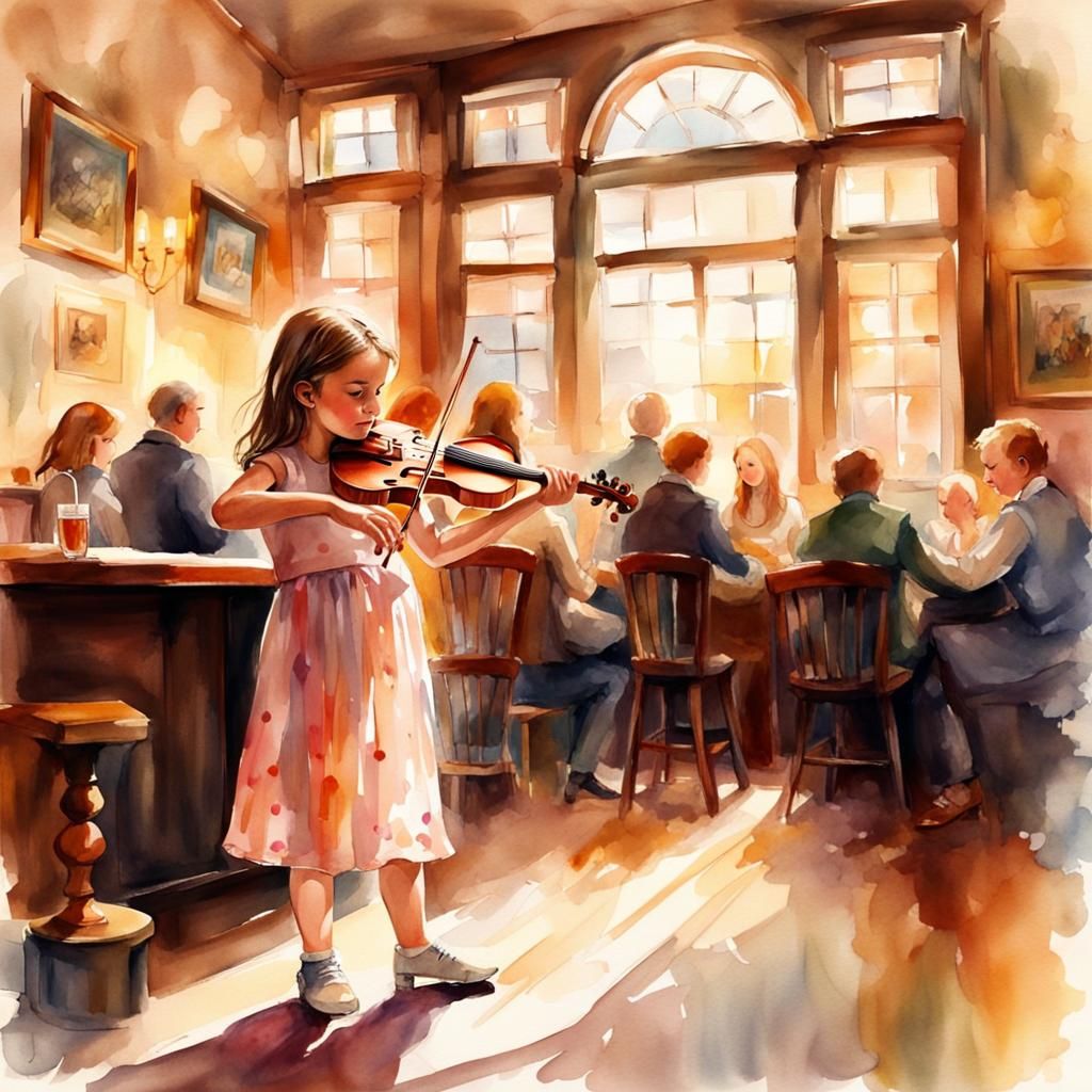 Girl Violinist in Irish Pub: Watercolor Painting