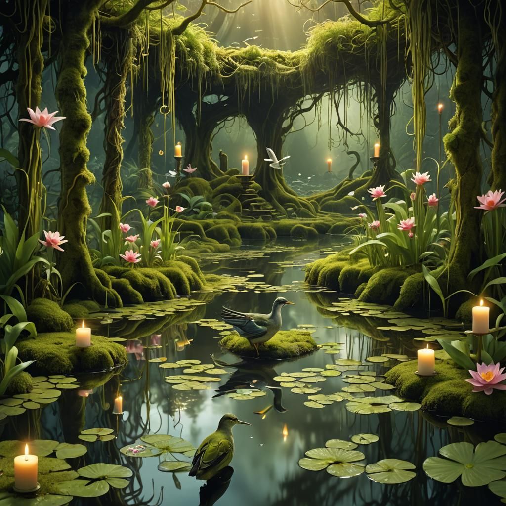 Mystical Birds in a Dreamlike Water Garden