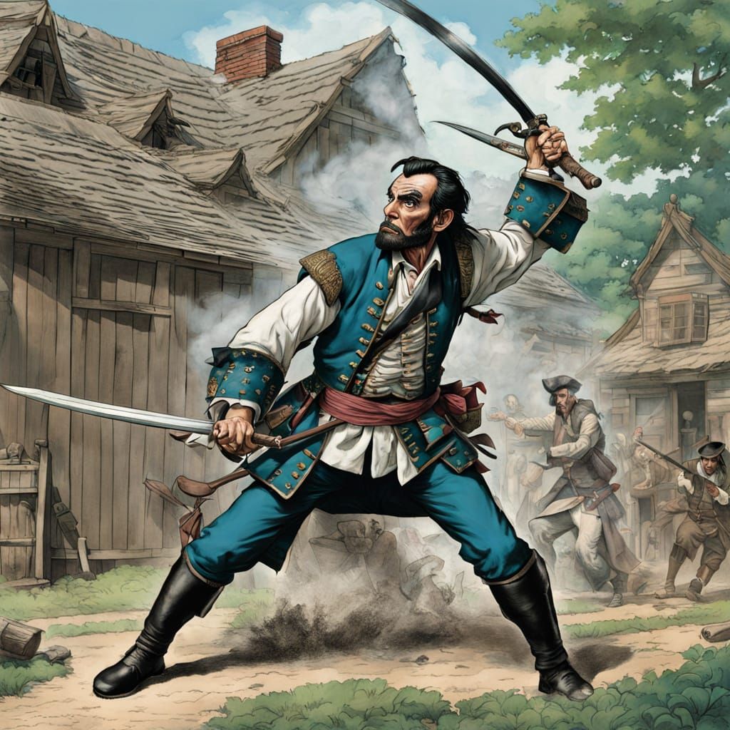 Pirate Battles Samurai in Front of Lincoln's Home in a Surre...