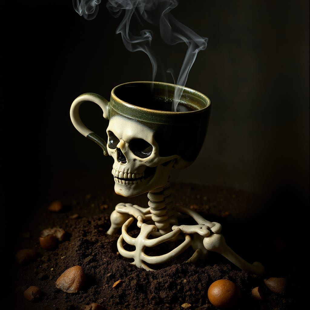 Surreal Skeleton Coffee Head Rises From Ground