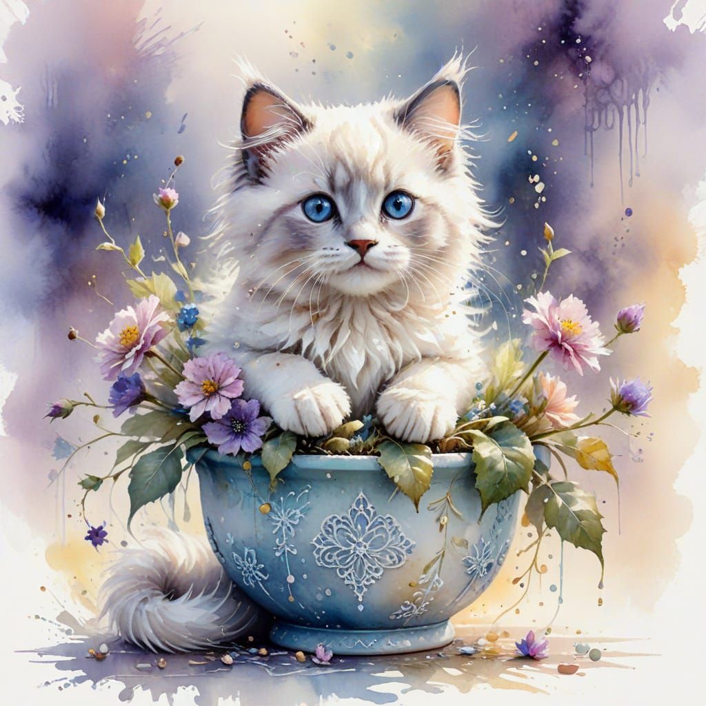 Cute Ragdoll Kitten in Flower Pot Watercolor Art